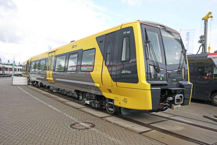 Batteries included: No 777140 for Merseyrail, one of seven battery EMUs ordered by the Liverpool City Region Combined Authority, with logo on the side of the cab. Keith Fender