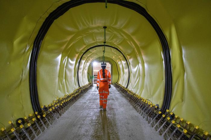 Waterproof membrane being installed in one of the cross-passages on HS2's Chiltern Tunnel