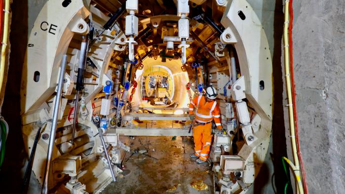 Formwork used to shape the secondary lining on a cross-passage in HS2's Chiltern Tunnel.