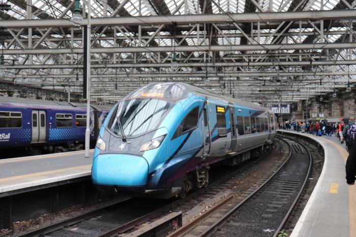 Improved performance: TPE says cancellations are reducing. On 2 October 2022, No 397012 awaits departure from Glasgow Central with the 13.09 to Manchester Airport.