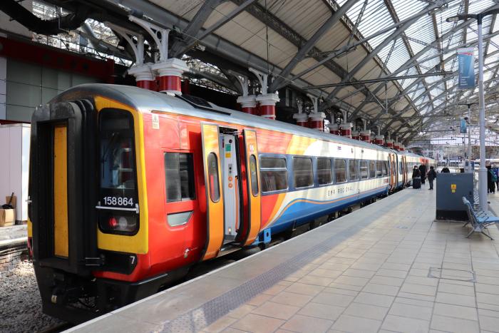 More strikes: ASLEF and RMT members are to strike in May, including on the day of the Eurovision Song Contest final in Liverpool. On 22 April 2021, EMR Nos 158812/864 await departure from Lime Street station with the 11.51 to Norwich.