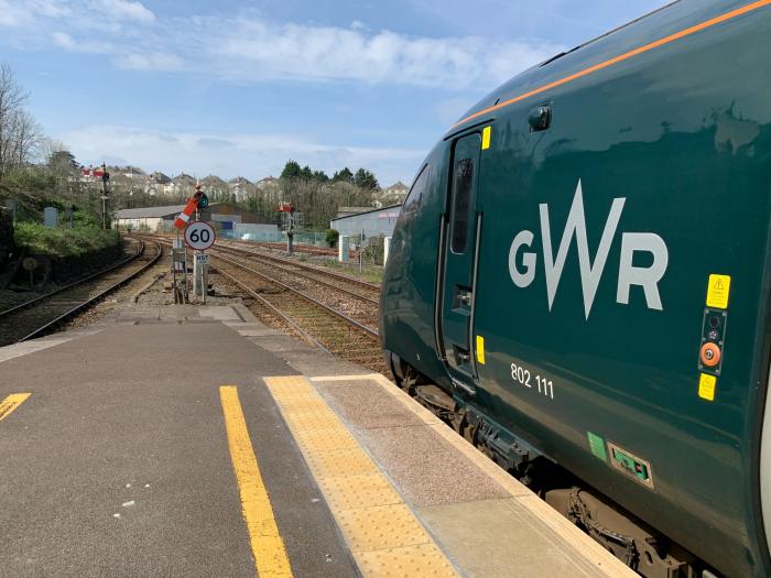 Deal extended: Hitachi is to continue maintaining GWR's Class 802 bi-mode units. On 4 April 2023, No 802111 calls at Truro on its way west to Penzance.