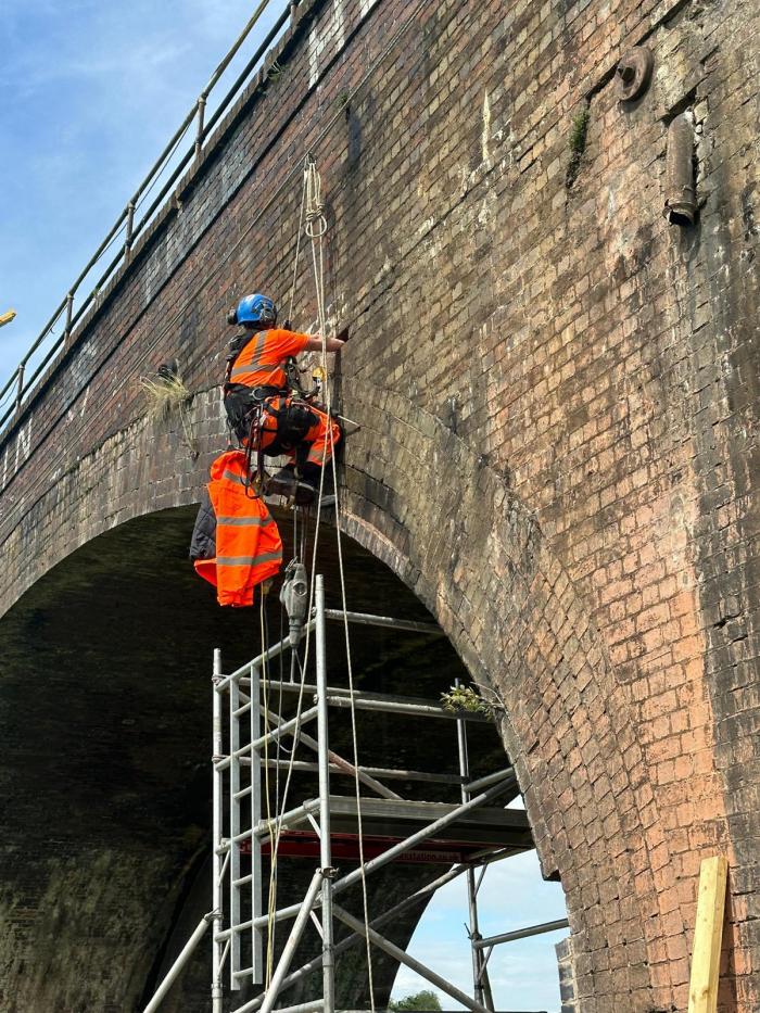 Viaduct upgrade: engineers inspect the river Avon viaduct near Leamington Spa.