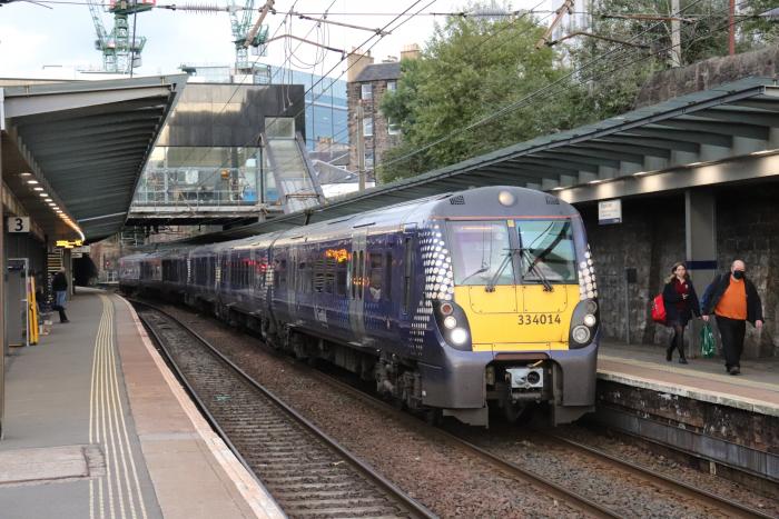 On the up: ScotRail carried a record-breaking number of passengers in the first two weeks of August. Nos 334014/032 call at Haymarket with an Edinburgh-Garscadden train.