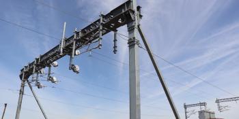 An electrification mast on the TransPennine Route Upgrade near Colton Junction