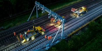 Overhead wires being installed between Church Fenton and Colton Junction as part of the Transpennine Route Upgrade