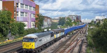 Commodity and operator both in growth: DCRail’s No 56091 leading No 56301 on the 6O15 Willesden DC Sidings to Chessington South aggregates train at Wimbledon on 3 October 2023. Jamie Squibbs
