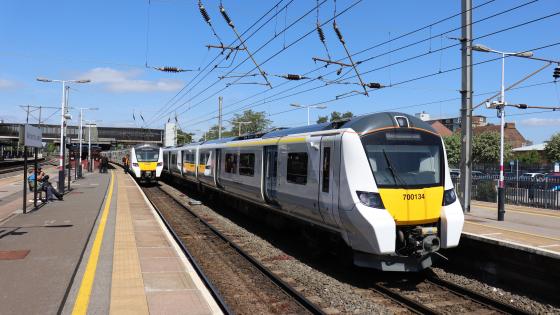 GTR Class 700 EMUs Nos 700027 and 700134 await departure from Bedford on 17 May 2020