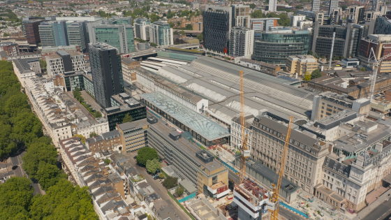 An aerial view of Paddington station, with the Elizabeth Line station lower centre. 
