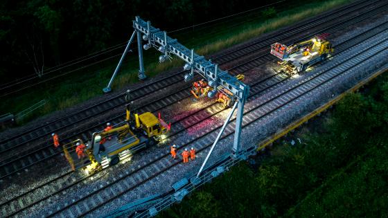Overhead wires being installed between Church Fenton and Colton Junction as part of the Transpennine Route Upgrade
