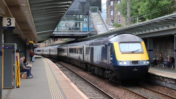 ScotRail Nos 43036/145 call at Haymarket with the 13.29 Edinburgh-Inverness on 18 July 2023.
