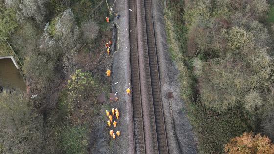 Network Rail engineers repair a landslip at Aycliffe. Network Rail