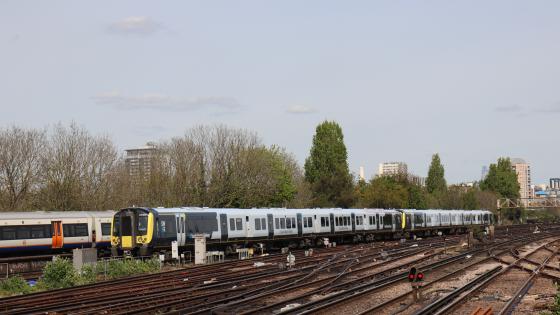 Bi-mode '450s' for West of England? Nos 450037/053 approach Clapham Junction on 18 April 2024. Philip Sherratt