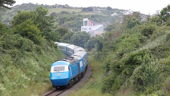 Main line trains on the West Somerset Railway: the Blue Pullman HST passes Watchet on its return journey to Chesterfield.